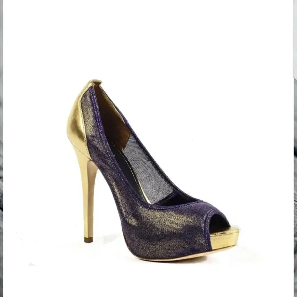REPORT SIGNATURE TOLUCA2 PEEP TOE HEELS METALLIC GOLD AND DENIM BLUE SIZE 8